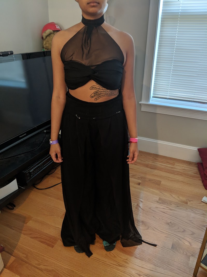 wearing bandeau + pants with halter neck